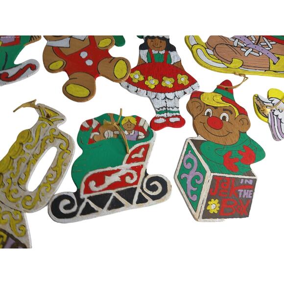 Vintage Wooden Christmas Ornaments Hand Painted Double Sided Set of 28 - Picture 7 of 7